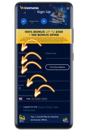 Winomania contact details and address input form