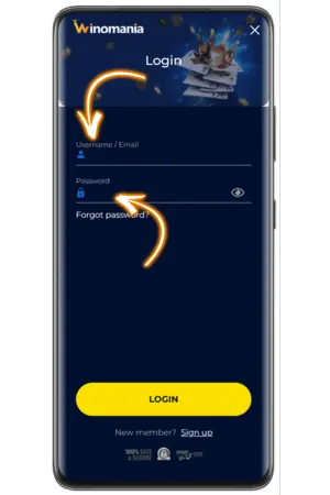 Winomania login screen with credential input fields