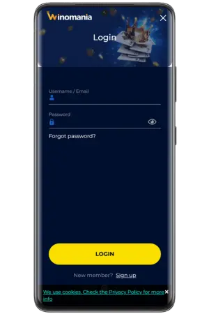 Winomania App Download login screen with credentials form