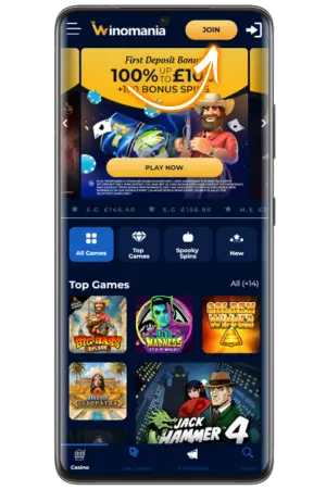 Winomania registration button on mobile app homepage