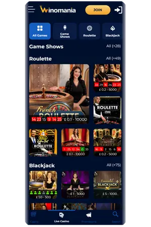 Live casino roulette and blackjack tables