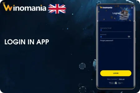 Winomania APK login interface with account credentials input