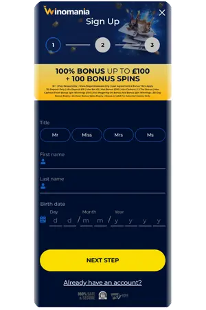 Winomania App Android registration form step one details