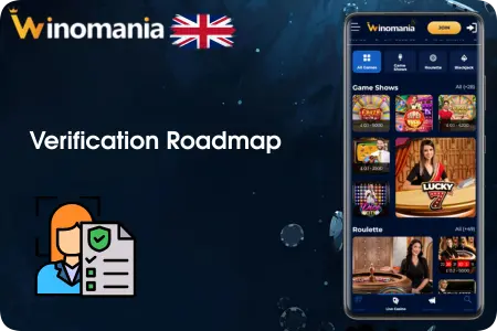 Mobile smartphone screen showing Winomania live casino interface alongside a document