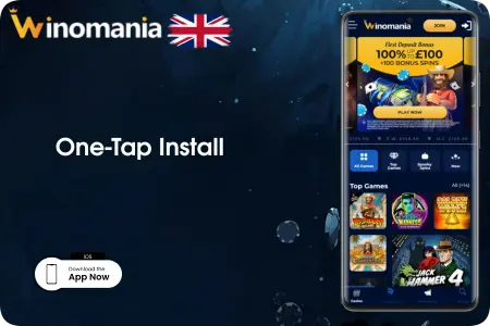 Winomania UK online casino app display with British flag