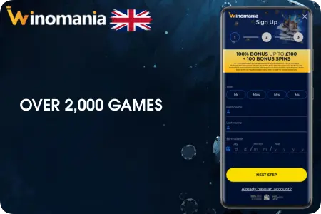 Winomania registration screen on mobile showing a 100% bonus