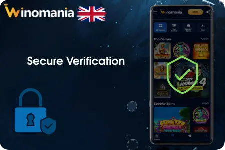 Winomania UK app display on a smartphone with a green security shield icon and a blue padlock