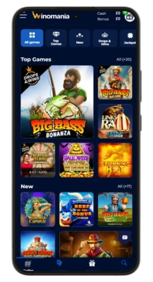 displaying the Winomania game library with slots and live dealer options