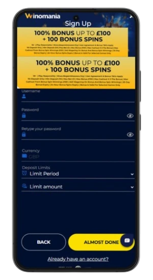 User filling out the Winomania sign-up form with name, email, and phone number fields